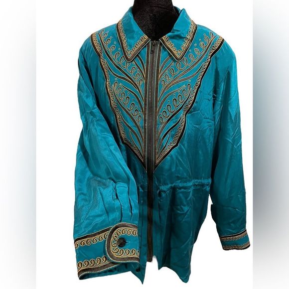 Bob Mackie NWT Vintage Teal Silk Embroidered coat front zip & drawstring size L - Picture 3 of 10